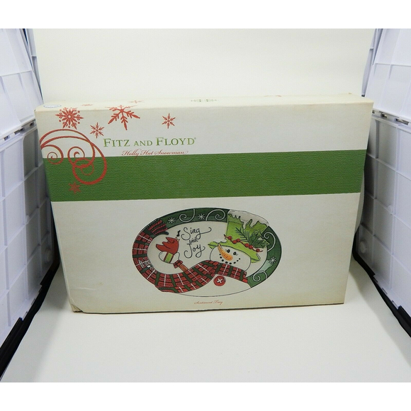 Fitz and Floyd Sentiment Tray Holly Hat Snowman Sing With Joy w/Box Oval - Picture 5 of 8